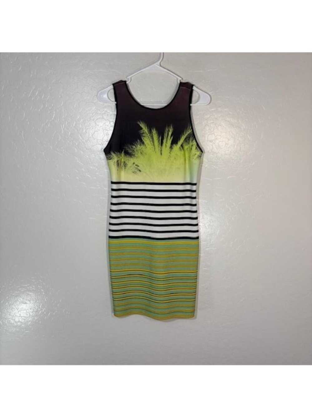 Clover Canyon Dress Womens Medium Black Green Palm Stripe Bodycon Sleeveless